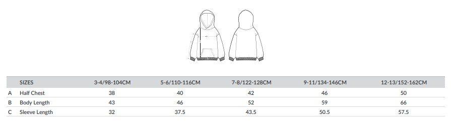 Maattabel kinderen hoodie 2.0